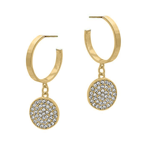 Round Pave Stone, Metal Hoop Dangle Earring