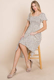 Ditsy Leopard Print Smocked Midi Dress