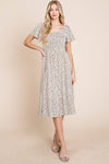 Ditsy Leopard Print Smocked Midi Dress
