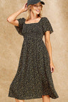 Ditsy Leopard Print Smocked Midi Dress