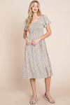 Ditsy Leopard Print Smocked Midi Dress