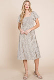 Ditsy Leopard Print Smocked Midi Dress