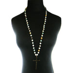 34" 8mm Real Stone Ball Linked Necklace w/Cross Pendent