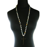 34" 8mm Real Stone Ball Linked Necklace w/Cross Pendent