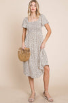 Ditsy Leopard Print Smocked Midi Dress