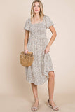 Ditsy Leopard Print Smocked Midi Dress