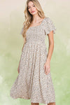 Ditsy Leopard Print Smocked Midi Dress