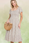 Ditsy Leopard Print Smocked Midi Dress