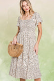 Ditsy Leopard Print Smocked Midi Dress