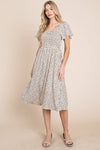 Ditsy Leopard Print Smocked Midi Dress
