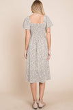 Ditsy Leopard Print Smocked Midi Dress