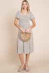 Ditsy Leopard Print Smocked Midi Dress