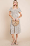 Ditsy Leopard Print Smocked Midi Dress