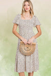 Ditsy Leopard Print Smocked Midi Dress
