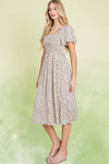 Ditsy Leopard Print Smocked Midi Dress