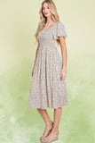 Ditsy Leopard Print Smocked Midi Dress