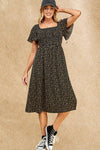 Ditsy Leopard Print Smocked Midi Dress