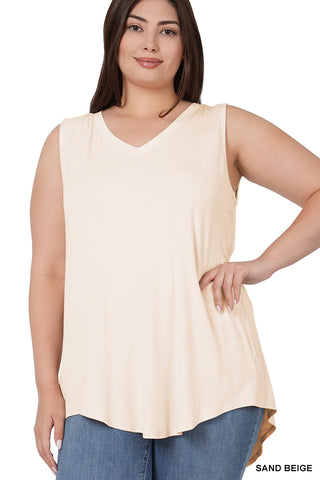 CURVY LUXE RAYON SLEEVELESS V-NECK TOP