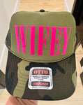 3D Puff Pink Vinyl Wifey on Camo and Olive Foam Trucker Hat