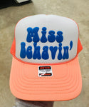 Miss Behavin' Puff Blue Vinyl on Coral and White Trucker Hat