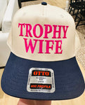 Trophy Wife EMBROIDERY on a Navy and Natural TRUCKER HAT