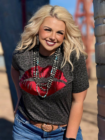 Texas True Black Leopard Red Lips Tee