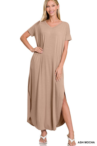 V-NECK SHORT SLEEVE MAXI DRESS