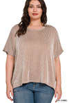 CURVY RIBBED STRIPED OVERSIZED SHORT SLEEVE TOP