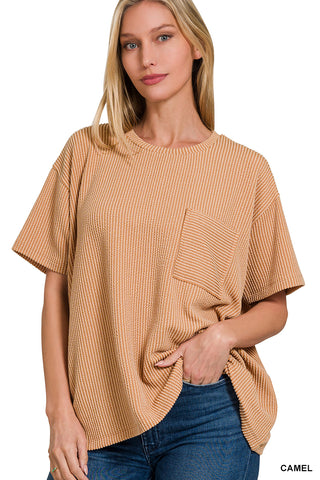 TEXTURED LINE SHORT SLEEVE FRONT POCKET TOP