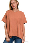 TEXTURED LINE SHORT SLEEVE FRONT POCKET TOP