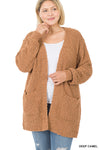 CURVY LONG SLEEVE POPCORN CARDIGAN WITH POCKETS