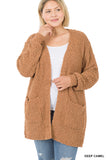 CURVY LONG SLEEVE POPCORN CARDIGAN WITH POCKETS