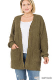 CURVY LONG SLEEVE POPCORN CARDIGAN WITH POCKETS