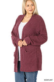 CURVY LONG SLEEVE POPCORN CARDIGAN WITH POCKETS