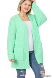 CURVY LONG SLEEVE POPCORN CARDIGAN WITH POCKETS