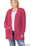 CURVY LONG SLEEVE POPCORN CARDIGAN WITH POCKETS