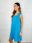 The Power I Hold V-Neck Ribbed Knit Dress in Aqua Glow