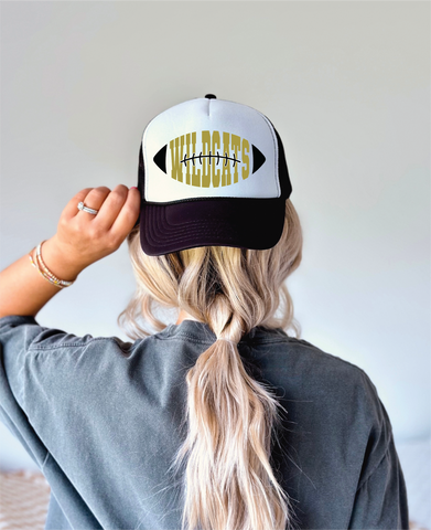 Football Shaped Team Spirit DTF Printed Black And White Trucker Hat