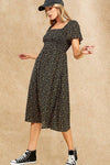 Ditsy Leopard Print Smocked Midi Dress