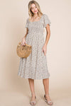 Ditsy Leopard Print Smocked Midi Dress