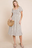 Ditsy Leopard Print Smocked Midi Dress