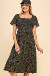 Ditsy Leopard Print Smocked Midi Dress