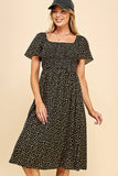 Ditsy Leopard Print Smocked Midi Dress