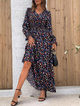 Smocked Printed V-Neck Flounce Sleeve Dress