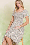 Ditsy Leopard Print Smocked Midi Dress