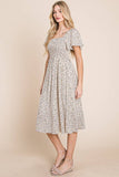 Ditsy Leopard Print Smocked Midi Dress