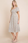 Ditsy Leopard Print Smocked Midi Dress