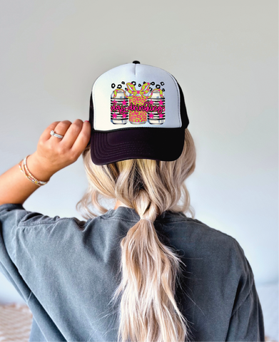 Day Drinkin Leopard DTF Printed Black and White Trucker Hat