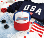 Firecracker DTF Printed Red White And Blue Trucker Hat
