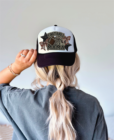 Football Mama DTF Printed Black and White Trucker Hat